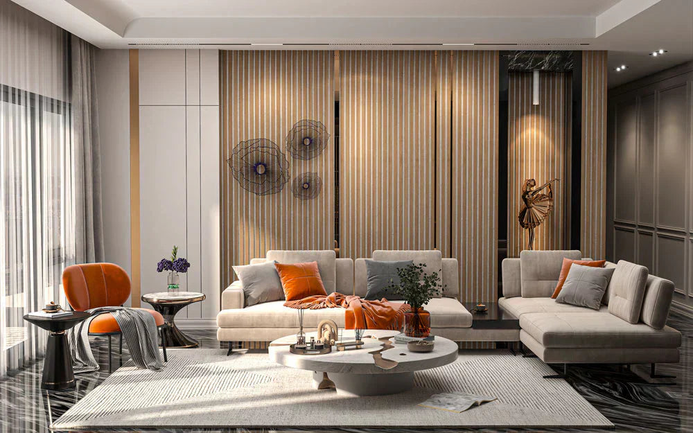 Leo Main 3-sided fully wrapped white oak wood slat panels in modern living room
